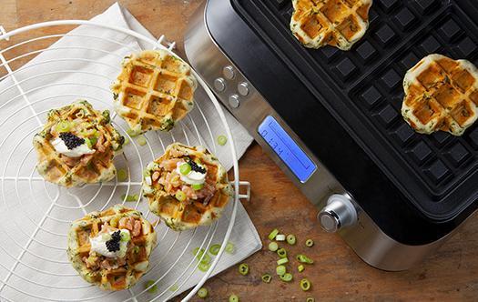 DOMO Waffles with fresh garden herbs, smoked salmon with sour cream and herring roe waffle iron mini-chopper
